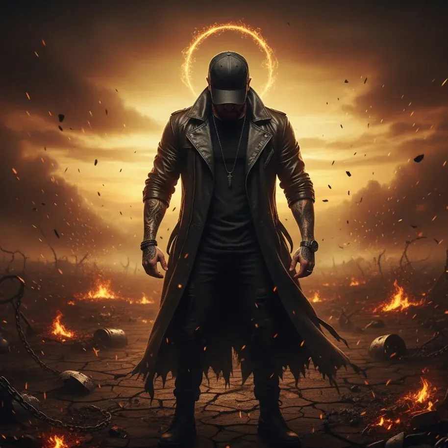 Promo art: a figure in a long coat under a ring of fire
