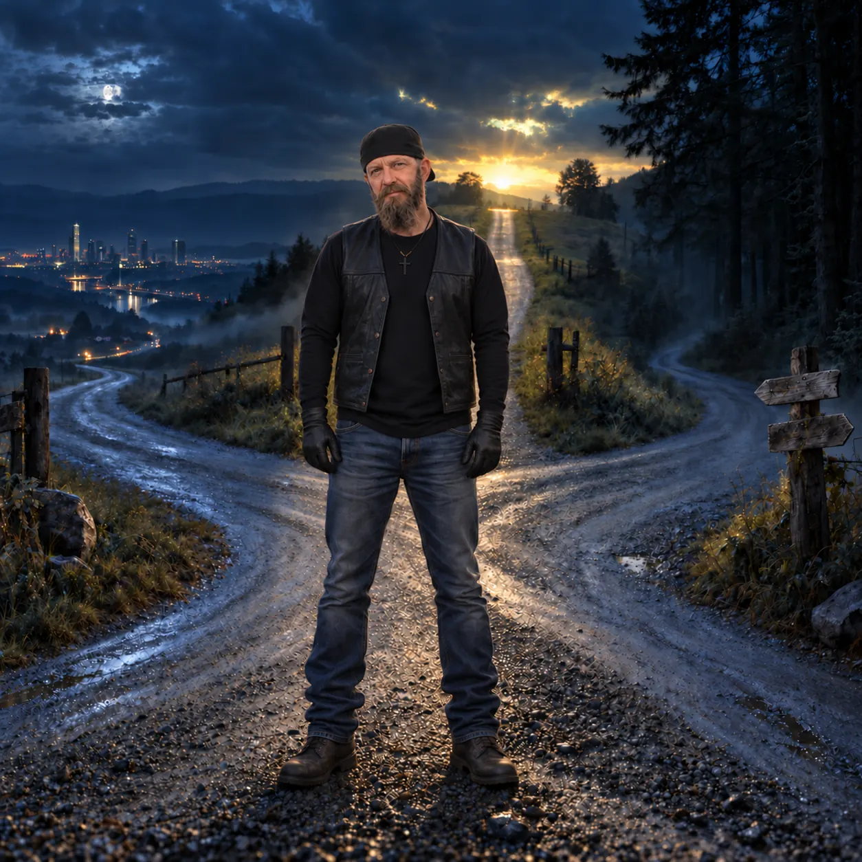 LordDawgWolf at a crossroads at dusk