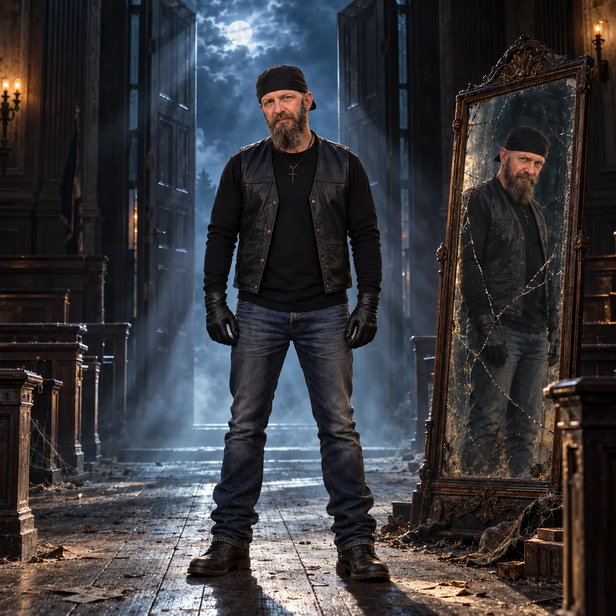 LordDawgWolf in a leather vest standing beside a cracked mirror