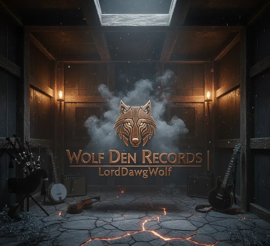 The Wolf Den studio: a rustic barn with the Wolf Den Records wolf logo, bagpipes, banjo and guitars